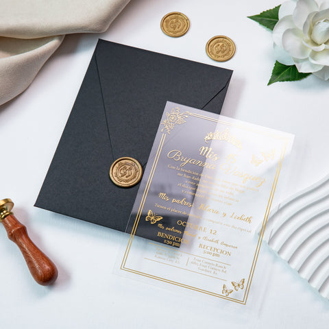 NingsPaper 1mm/0.04'' Foil Print in Gold Clear Acrylic  Quinceanera Invitation Cards  and Black Envelopes