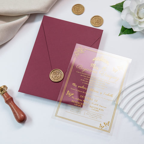 NingsPaper 1mm/0.04'' Foil Print in Gold Clear Acrylic  Quinceanera Invitation Cards  and Burgundy Envelopes