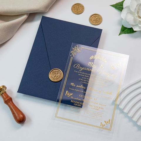 NingsPaper 1mm/0.04'' Foil Print in Gold Clear Acrylic  Quinceanera Invitation Cards  and Navy Blue Envelopes