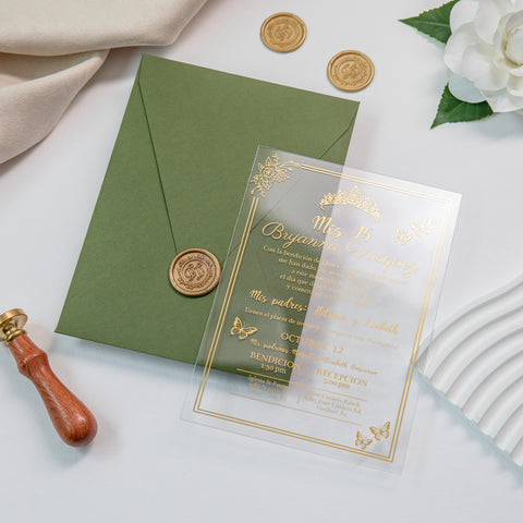 NingsPaper 1mm/0.04'' Foil Print in Gold Clear Acrylic  Quinceanera Invitation Cards  and Olive Green Envelopes
