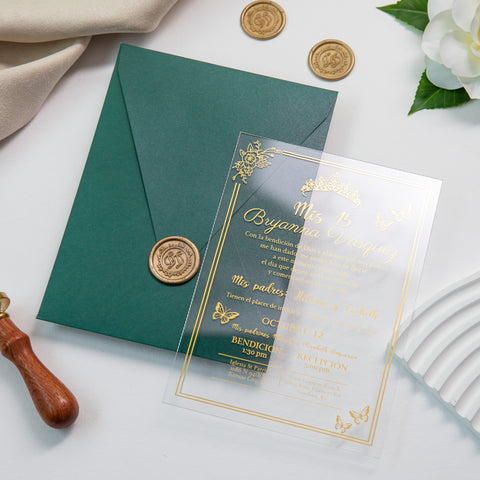 NingsPaper 1mm/0.04'' Foil Print in Gold Clear Acrylic  Quinceanera Invitation Cards  and Emerald Green Envelopes