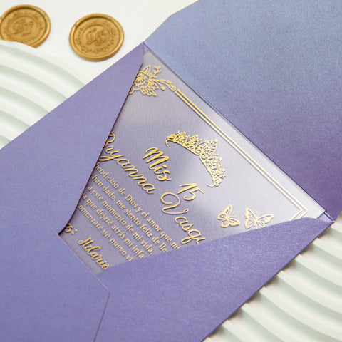 NingsPaper 1mm/0.04'' Foil Print in Gold Clear Acrylic  Quinceanera Invitation Cards  and Lilac Envelopes