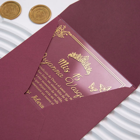 NingsPaper 1mm/0.04'' Foil Print in Gold Clear Acrylic  Quinceanera Invitation Cards  and Burgundy Envelopes