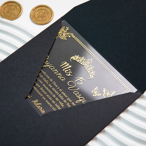 NingsPaper 1mm/0.04'' Foil Print in Gold Clear Acrylic  Quinceanera Invitation Cards  and Black Envelopes