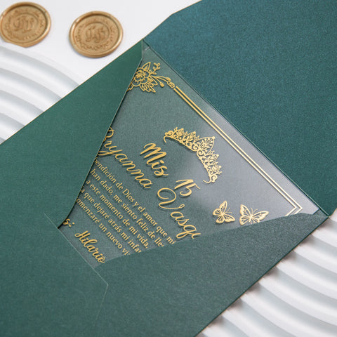 NingsPaper 1mm/0.04'' Foil Print in Gold Clear Acrylic  Quinceanera Invitation Cards  and Emerald Green Envelopes