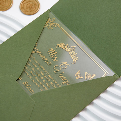 NingsPaper 1mm/0.04'' Foil Print in Gold Clear Acrylic  Quinceanera Invitation Cards  and Olive Green Envelopes