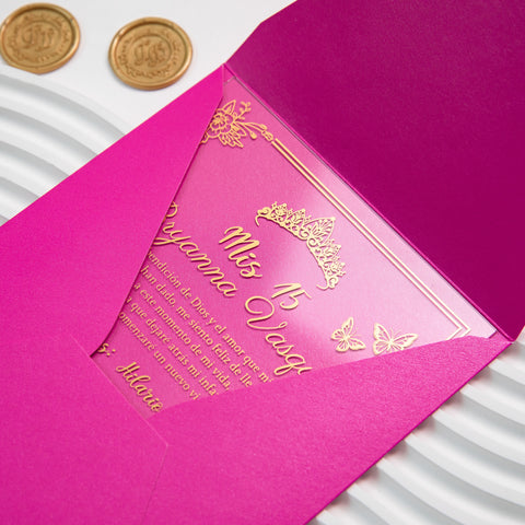 NingsPaper 1mm/0.04'' Foil Print in Gold Clear Acrylic  Quinceanera Invitation Cards  and Fuchsia Envelopes