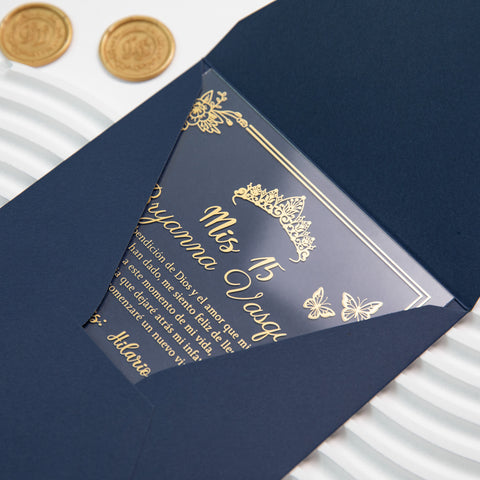 NingsPaper 1mm/0.04'' Foil Print in Gold Clear Acrylic  Quinceanera Invitation Cards  and Navy Blue Envelopes