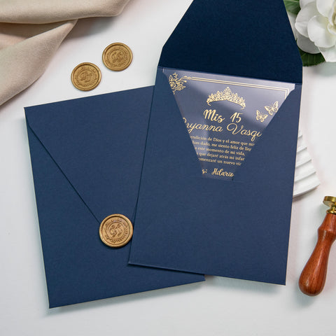 NingsPaper 1mm/0.04'' Foil Print in Gold Clear Acrylic  Quinceanera Invitation Cards  and Navy Blue Envelopes