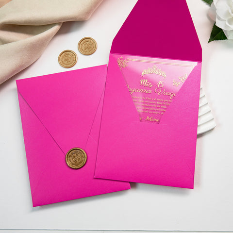 NingsPaper 1mm/0.04'' Foil Print in Gold Clear Acrylic  Quinceanera Invitation Cards  and Fuchsia Envelopes