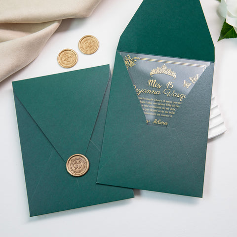 NingsPaper 1mm/0.04'' Foil Print in Gold Clear Acrylic  Quinceanera Invitation Cards  and Emerald Green Envelopes