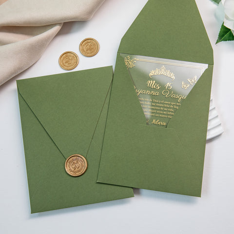 NingsPaper 1mm/0.04'' Foil Print in Gold Clear Acrylic  Quinceanera Invitation Cards  and Olive Green Envelopes