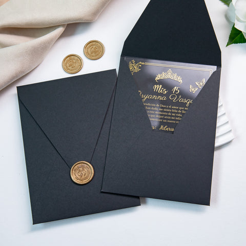 NingsPaper 1mm/0.04'' Foil Print in Gold Clear Acrylic  Quinceanera Invitation Cards  and Black Envelopes