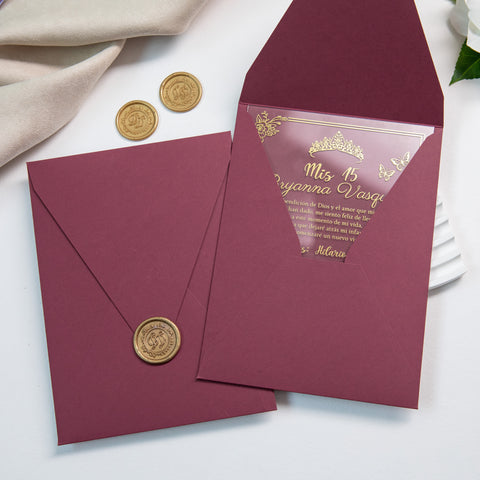 NingsPaper 1mm/0.04'' Foil Print in Gold Clear Acrylic  Quinceanera Invitation Cards  and Burgundy Envelopes