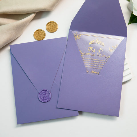 NingsPaper 1mm/0.04'' Foil Print in Gold Clear Acrylic  Quinceanera Invitation Cards  and Lilac Envelopes