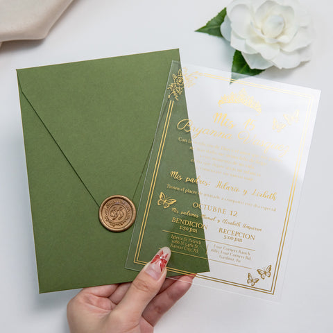 NingsPaper 1mm/0.04'' Foil Print in Gold Clear Acrylic  Quinceanera Invitation Cards  and Olive Green Envelopes