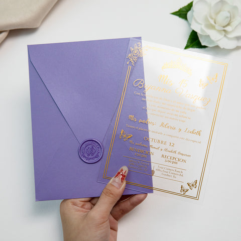 NingsPaper 1mm/0.04'' Foil Print in Gold Clear Acrylic  Quinceanera Invitation Cards  and Lilac Envelopes