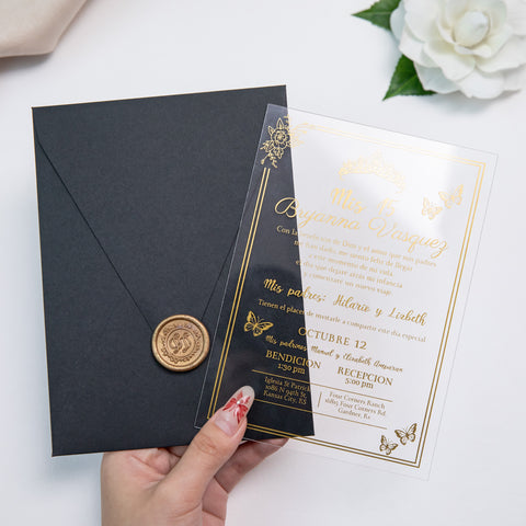 NingsPaper 1mm/0.04'' Foil Print in Gold Clear Acrylic  Quinceanera Invitation Cards  and Black Envelopes
