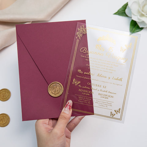 NingsPaper 1mm/0.04'' Foil Print in Gold Clear Acrylic  Quinceanera Invitation Cards  and Burgundy Envelopes