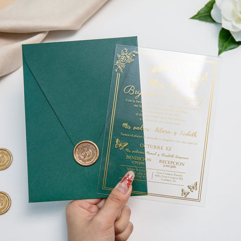 NingsPaper 1mm/0.04'' Foil Print in Gold Clear Acrylic  Quinceanera Invitation Cards  and Emerald Green Envelopes