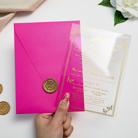 NingsPaper 1mm/0.04'' Foil Print in Gold Clear Acrylic  Quinceanera Invitation Cards  and Fuchsia Envelopes