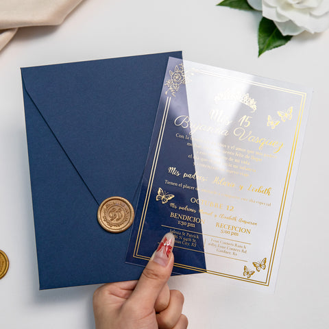 NingsPaper 1mm/0.04'' Foil Print in Gold Clear Acrylic  Quinceanera Invitation Cards  and Navy Blue Envelopes