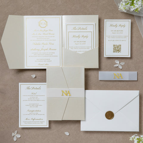 NingsPaper Ivory Shiny Pocket Acrylic Belt Print In Gold Wedding Invitation Suite
