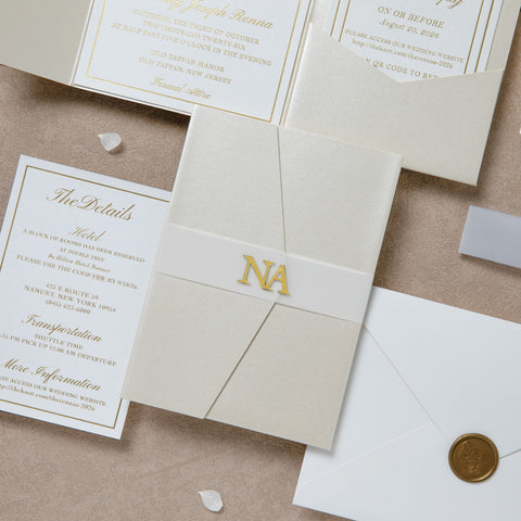 NingsPaper Ivory Shiny Pocket Acrylic Belt Print In Gold Wedding Invitation Suite