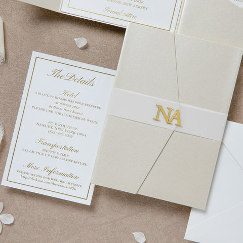 NingsPaper Ivory Shiny Pocket Acrylic Belt Print In Gold Wedding Invitation Suite