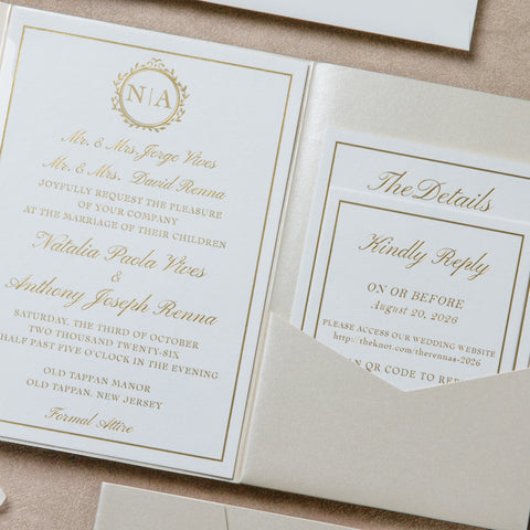 NingsPaper Ivory Shiny Pocket Acrylic Belt Print In Gold Wedding Invitation Suite
