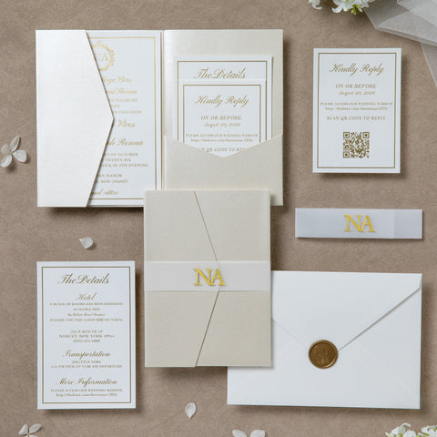 NingsPaper Ivory Shiny Pocket Print In Gold Wedding Invitation Suite