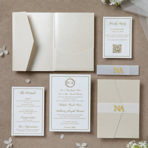 NingsPaper Ivory Shiny Pocket Acrylic Belt Print In Gold Wedding Invitation Suite