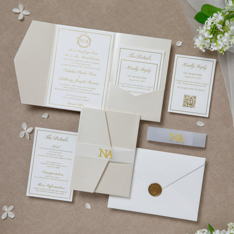 NingsPaper Ivory Shiny Pocket Acrylic Belt Print In Gold Wedding Invitation Suite