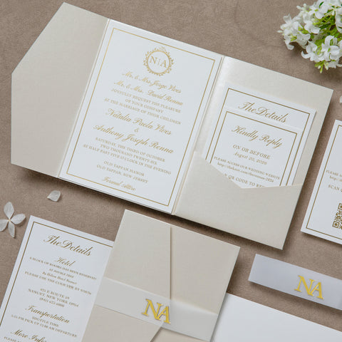 NingsPaper Ivory Shiny Pocket Print In Gold Wedding Invitation Suite