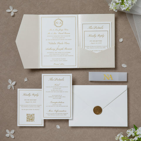 NingsPaper Ivory Shiny Pocket Print In Gold Wedding Invitation Suite
