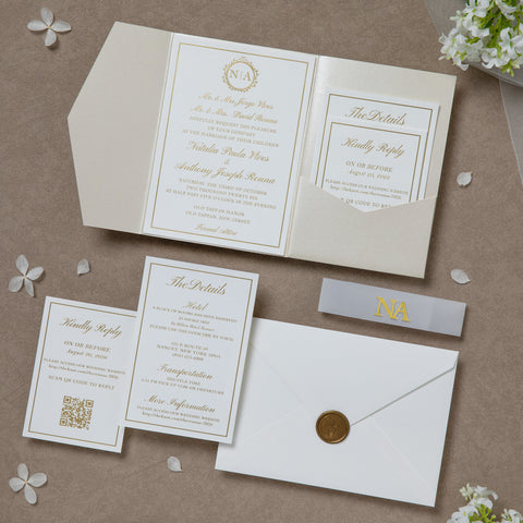 NingsPaper Ivory Shiny Pocket Print In Gold Wedding Invitation Suite