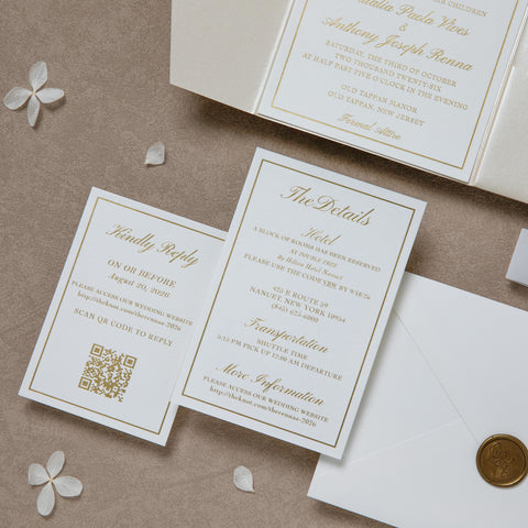 NingsPaper Ivory Shiny Pocket Print In Gold Wedding Invitation Suite