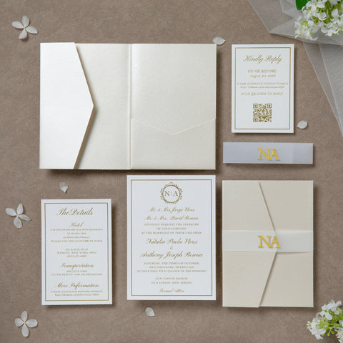 NingsPaper Ivory Shiny Pocket Print In Gold Wedding Invitation Suite