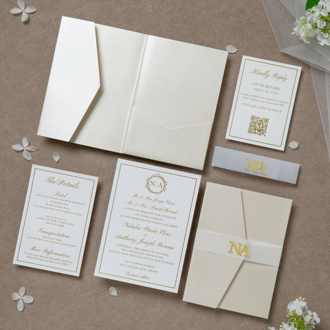 NingsPaper Ivory Shiny Pocket Print In Gold Wedding Invitation Suite