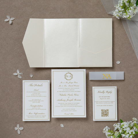 NingsPaper Ivory Shiny Pocket Acrylic Belt Print In Gold Wedding Invitation Suite