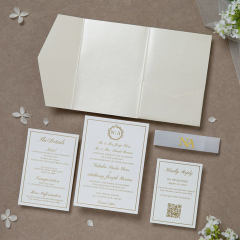 NingsPaper Ivory Shiny Pocket Print In Gold Wedding Invitation Suite