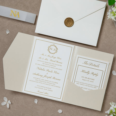 NingsPaper Ivory Shiny Pocket Acrylic Belt Print In Gold Wedding Invitation Suite