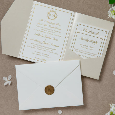 NingsPaper Ivory Shiny Pocket Acrylic Belt Print In Gold Wedding Invitation Suite