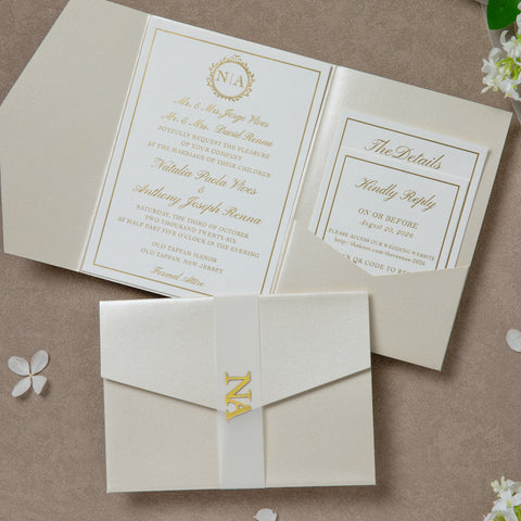 NingsPaper Ivory Shiny Pocket Acrylic Belt Print In Gold Wedding Invitation Suite