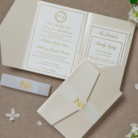 NingsPaper Ivory Shiny Pocket Print In Gold Wedding Invitation Suite