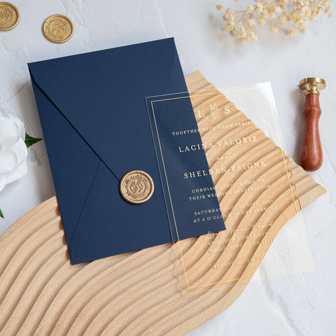 NingsPaper 1mm/0.04'' Foil Print in Gold Clear Acrylic Wedding Invitation Cards and Navy Blue Envelopes