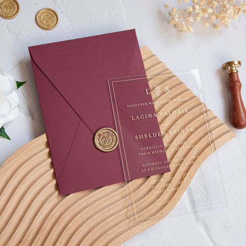 NingsPaper 1mm/0.04'' Foil Print in Gold Clear Acrylic Wedding Invitation Cards and Burgundy Envelopes