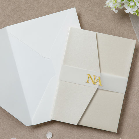 NingsPaper Ivory Shiny Pocket Acrylic Belt Print In Gold Wedding Invitation Suite