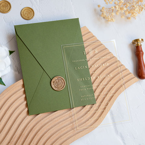 NingsPaper 1mm/0.04'' Foil Print in Gold Clear Acrylic Wedding Invitation Cards and Olive Green Envelopes