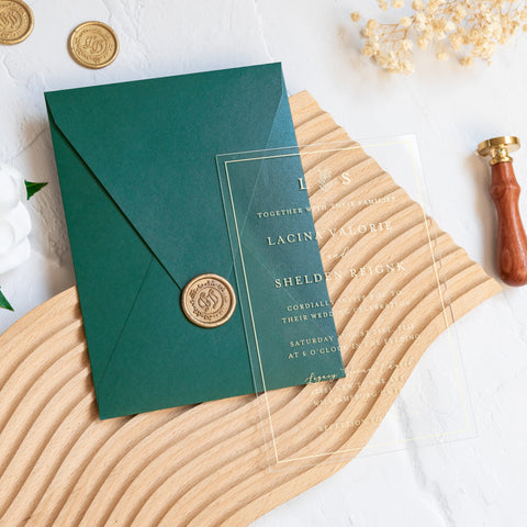 NingsPaper 1mm/0.04'' Foil Print in Gold Clear Acrylic Wedding Invitation Cards and Emerald Green Envelopes